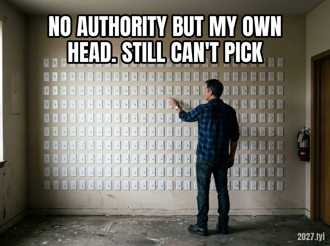 A man stands in front of a wall of hundreds of identical light switches, raises his hand, hesitates, drifts to another switch and lowers his hand again. Label: NO AUTHORITY BUT MY OWN HEAD. STILL CAN'T PICK
