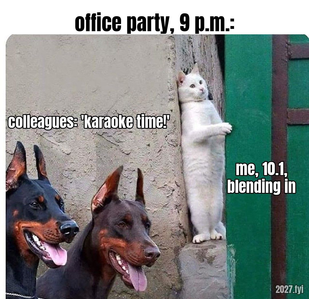 A white cat presses itself flat against a pale wall while two dogs grin up at it. Labels: office party, 9 p.m.: / colleagues: 'karaoke time!' / me, 10.1, blending in