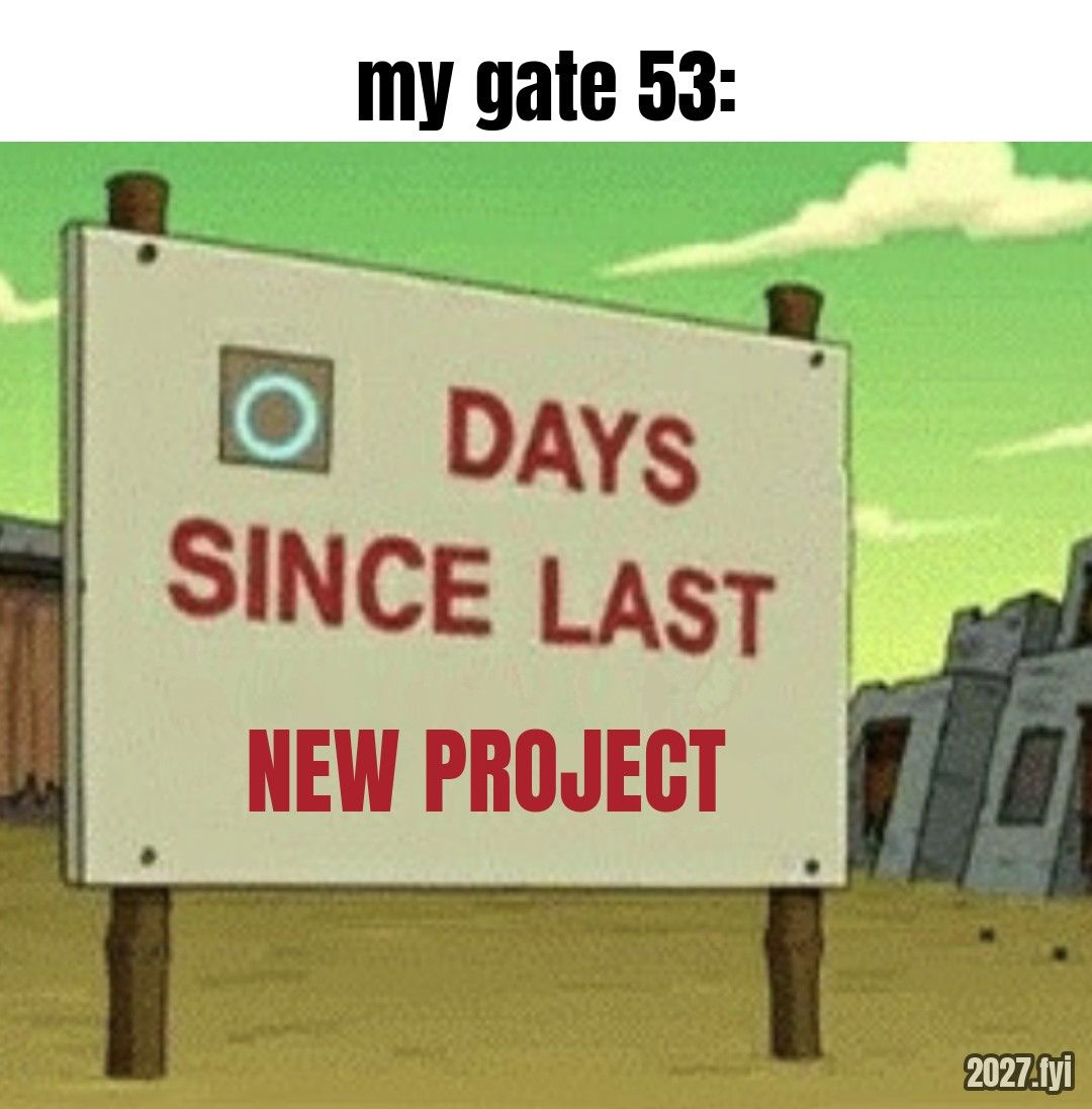 A cartoon sign reading 0 DAYS SINCE LAST NEW PROJECT. Label: my gate 53: